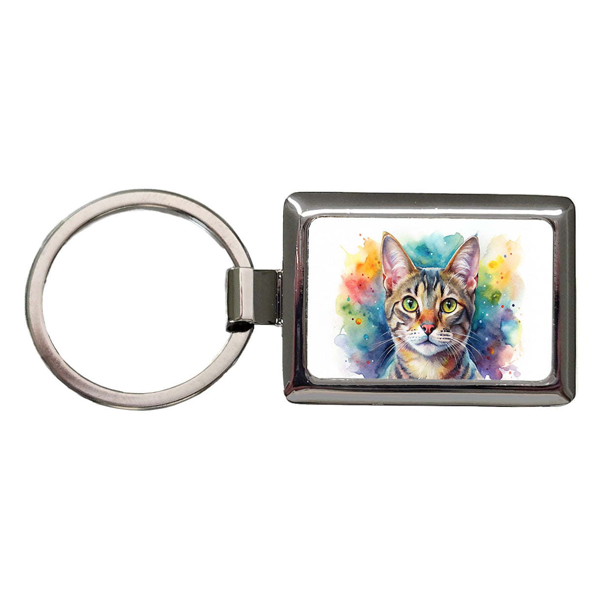 European Shorthair Cat Watercolor Style Rectangle Metal Keychain