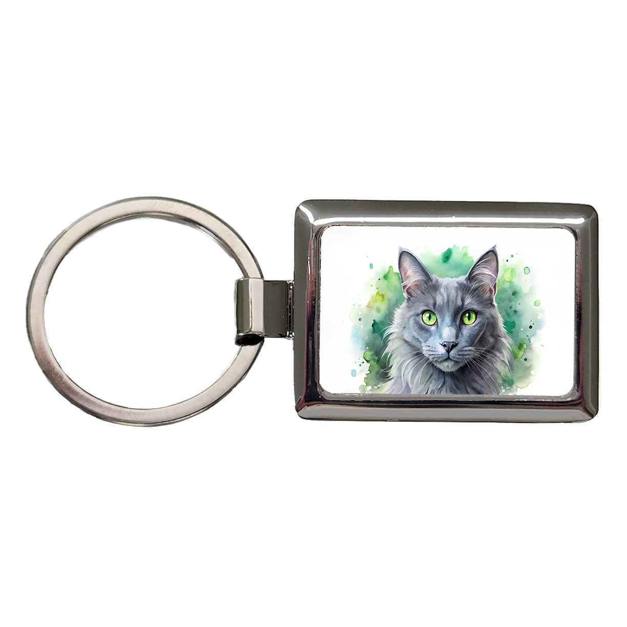 Nebelung Cat With Green Eyes Watercolor Style Rectangle Metal Keychain