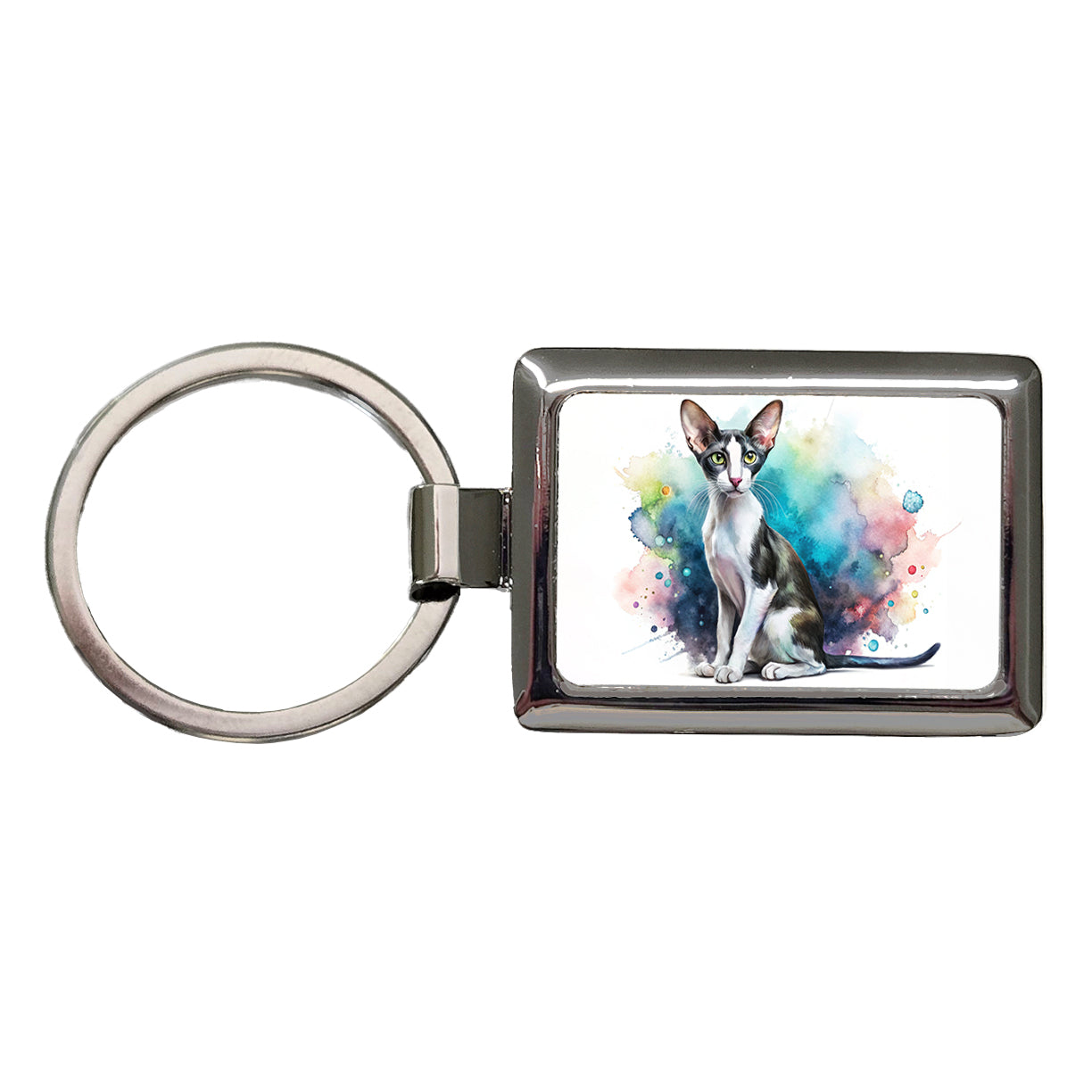 Oriental Shorthair Black White Cat Watercolor Rectangle Metal Keychain