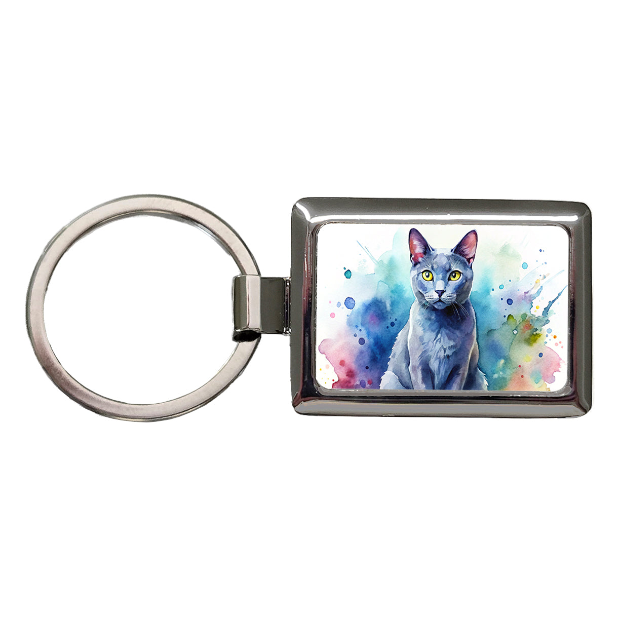 Russian Blue Cat Watercolor Style Rectangle Metal Keychain