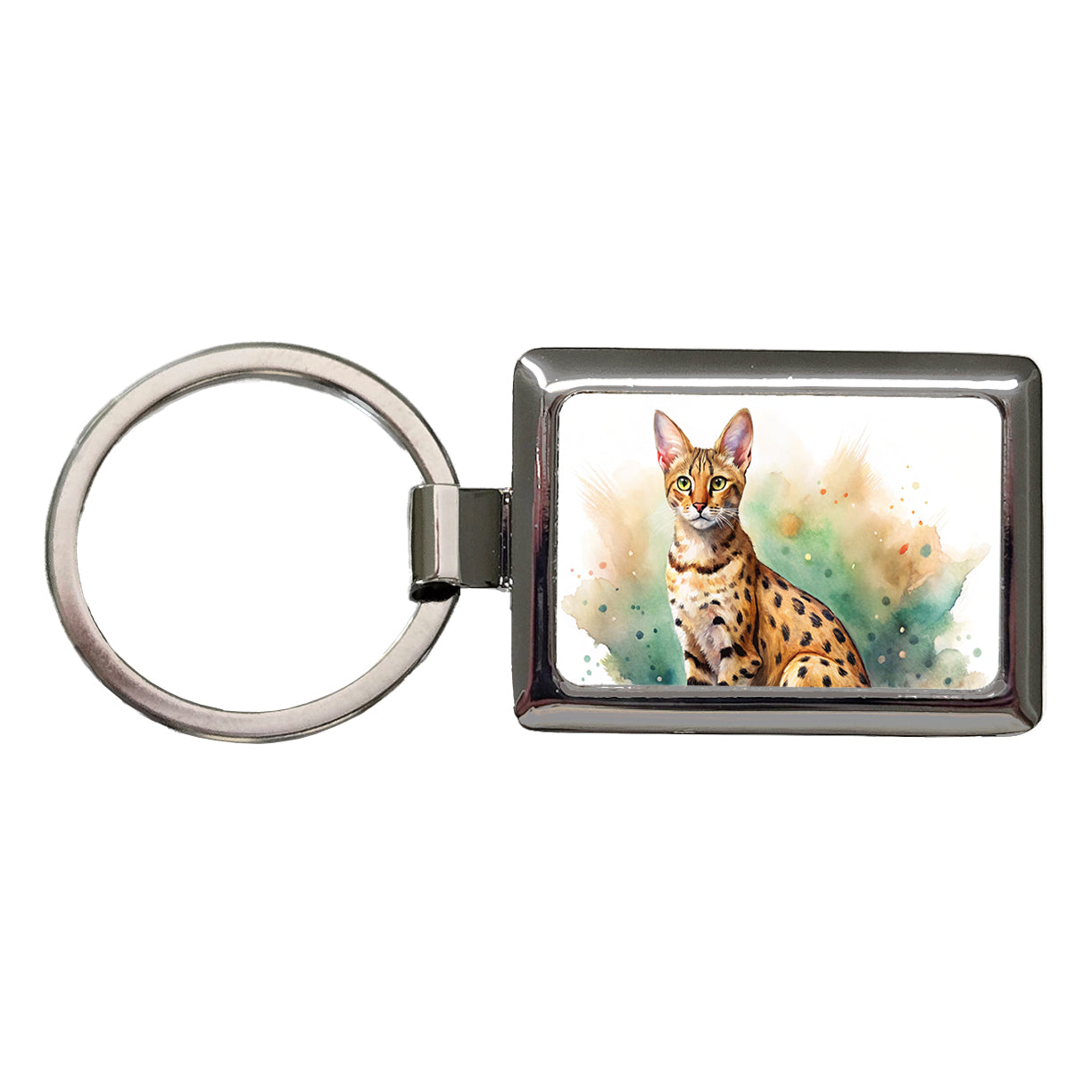 Savannah Cat Watercolor Style Rectangle Metal Keychain