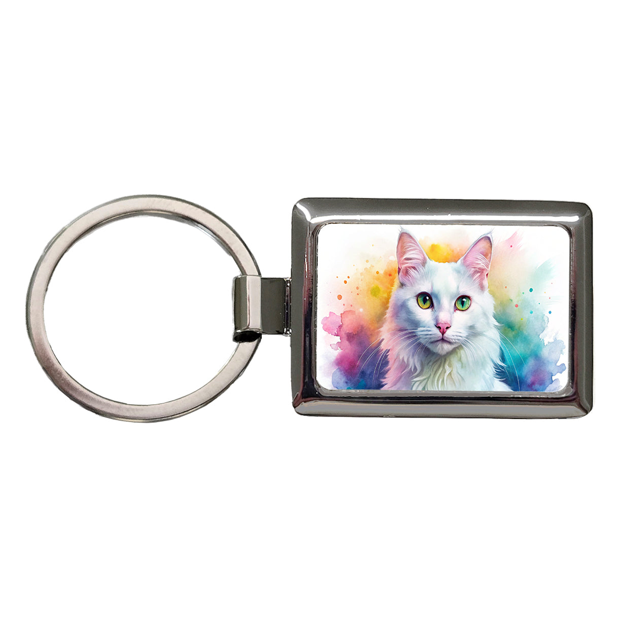 Turkish Angora Cat Watercolor Style Rectangle Metal Keychain