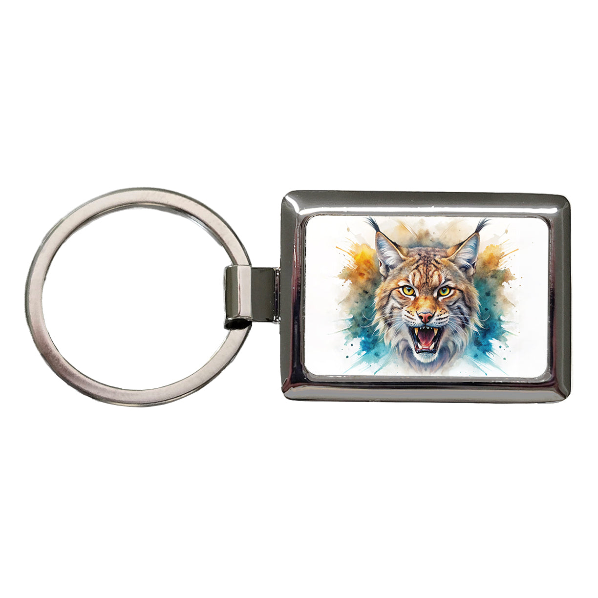 Angry Bobcat Watercolor Design Rectangle Metal Keychain