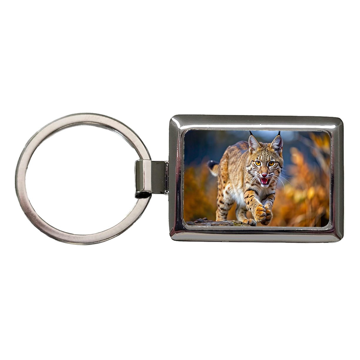 Bobcat Leaping To Catch Prey Rectangle Metal Keychain