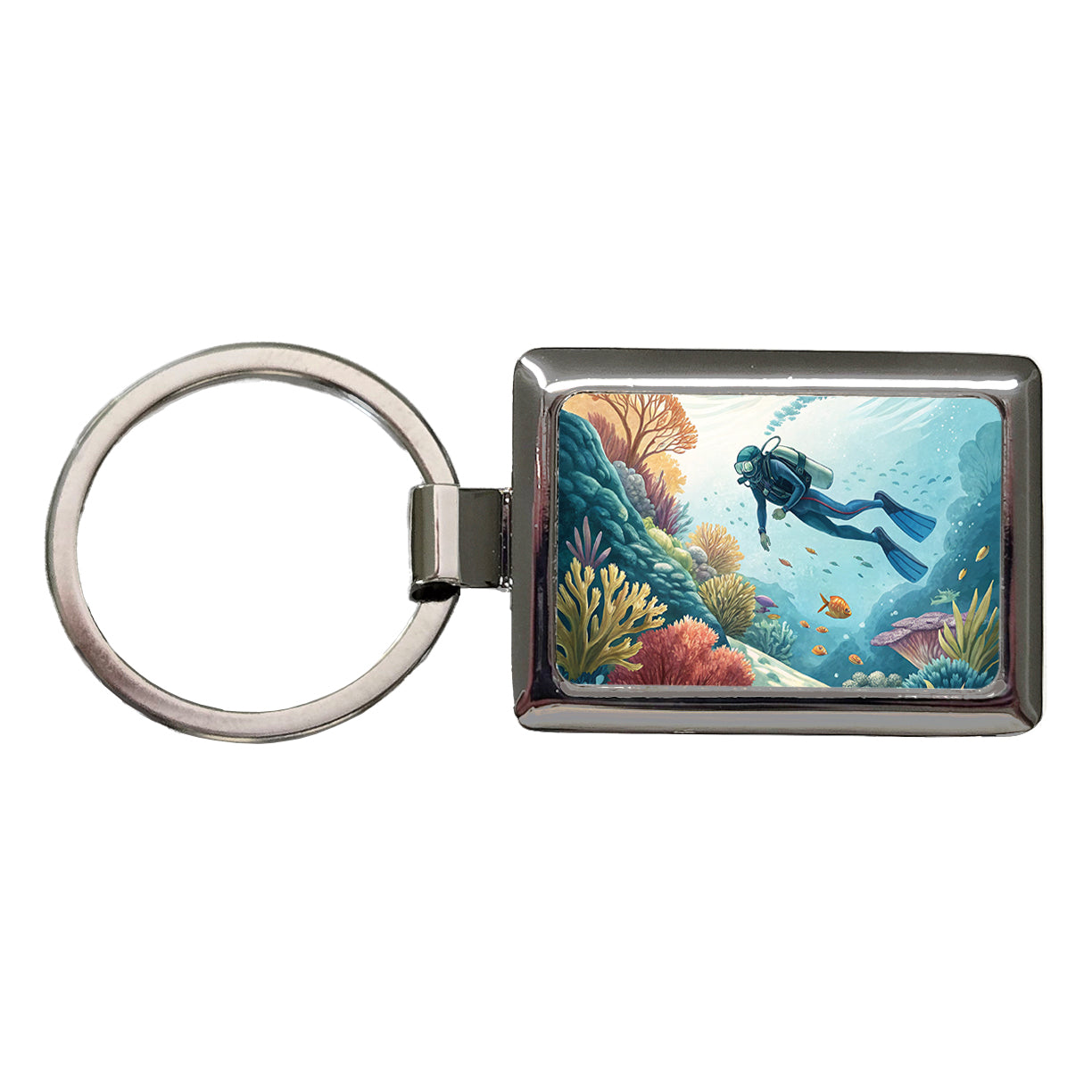 Diving Diver Exploring Underwater Rectangle Metal Keychain