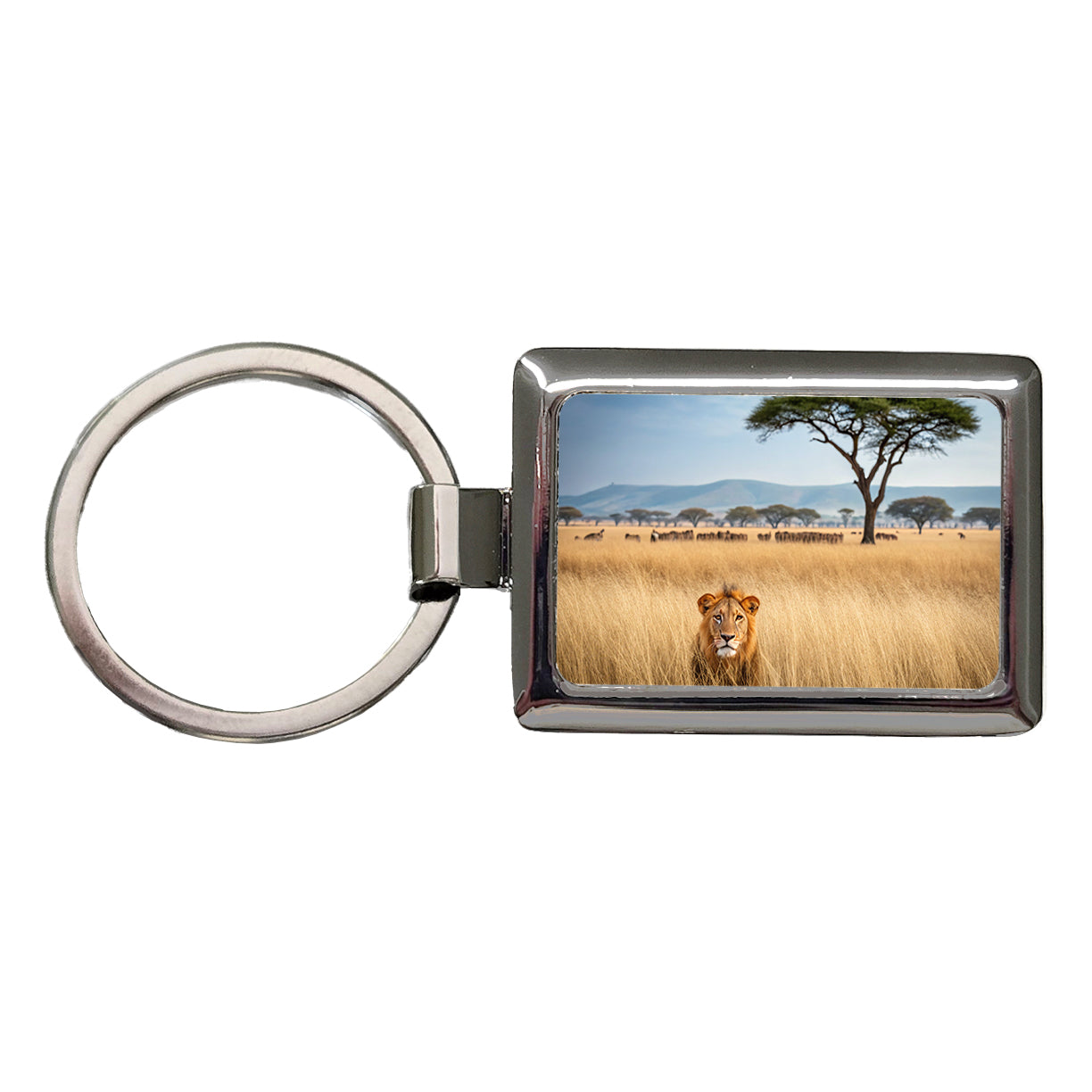 African Safari Lion Rectangle Metal Keychain