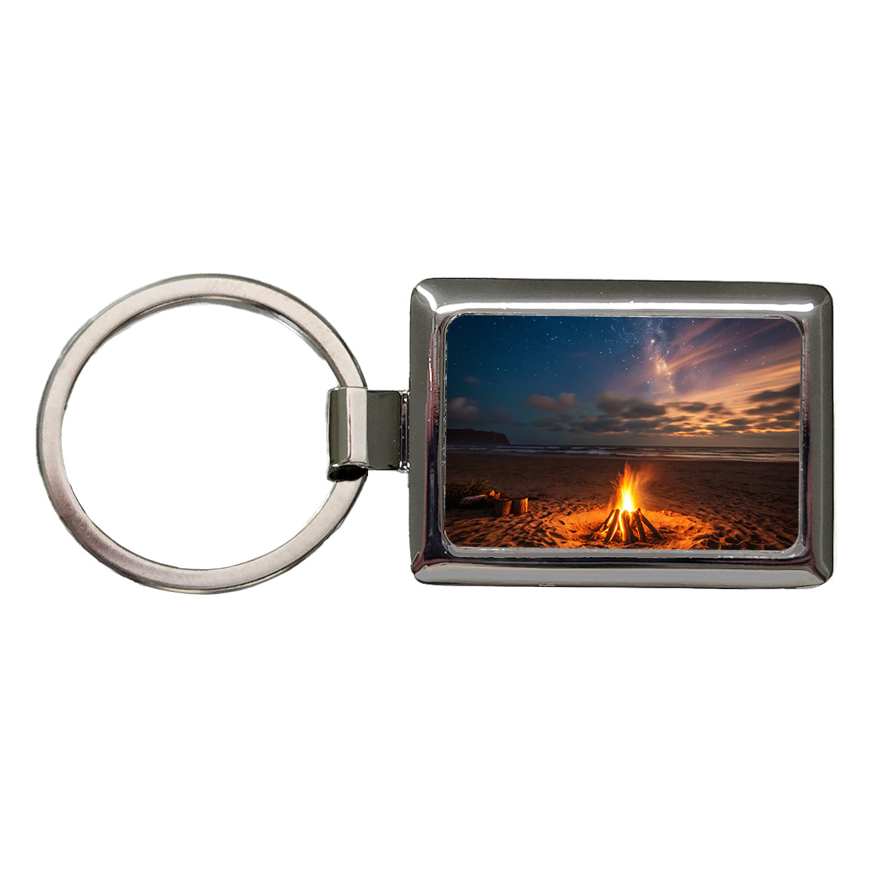 Beach Bonfire Scene Night Rectangle Metal Keychain