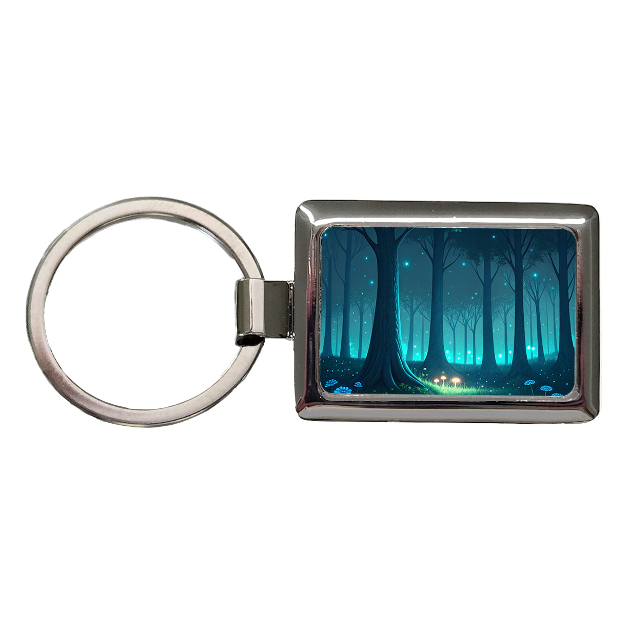 Bioluminescent Forest Mushrooms Trees Rectangle Metal Keychain