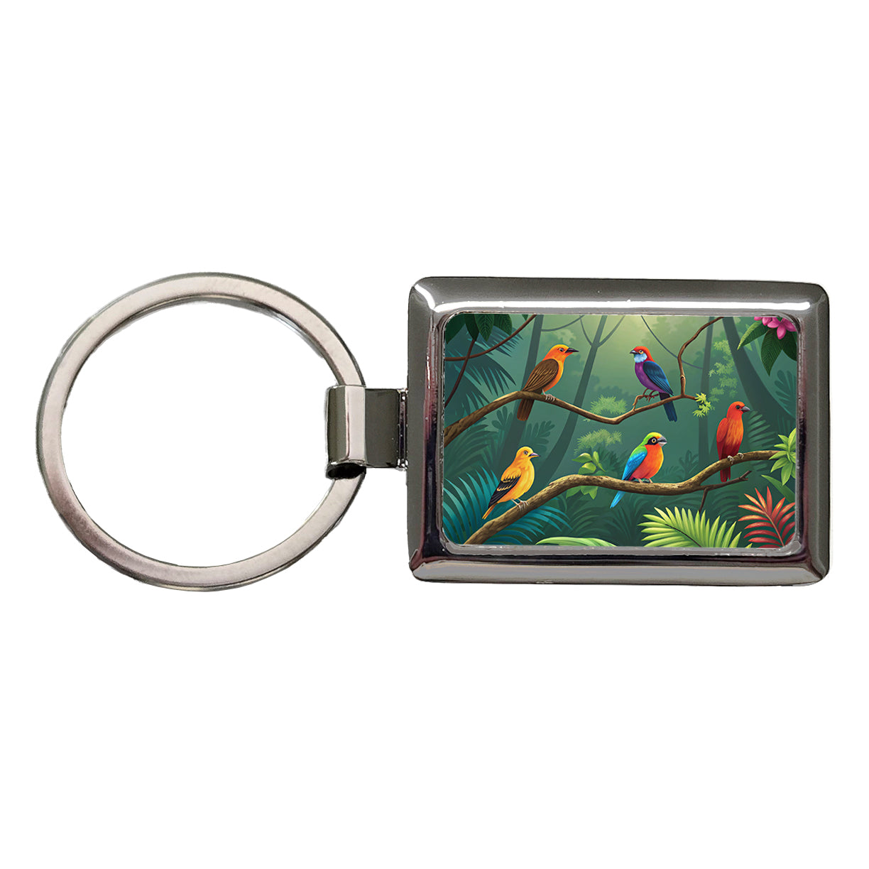 Birds In Jungle Colorful Rectangle Metal Keychain