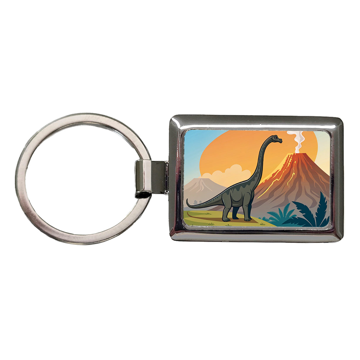Brachiosaurus Volcano Colorful Dinosaur Rectangle Metal Keychain