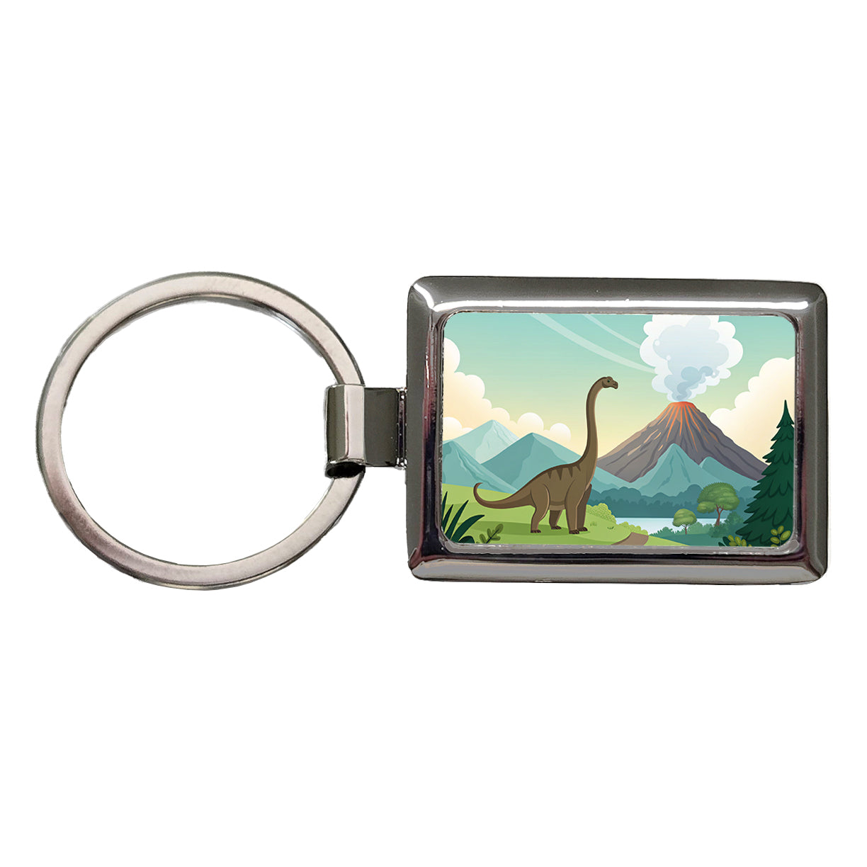 Brachiosaurus Volcano Erupting Dinosaur Rectangle Metal Keychain