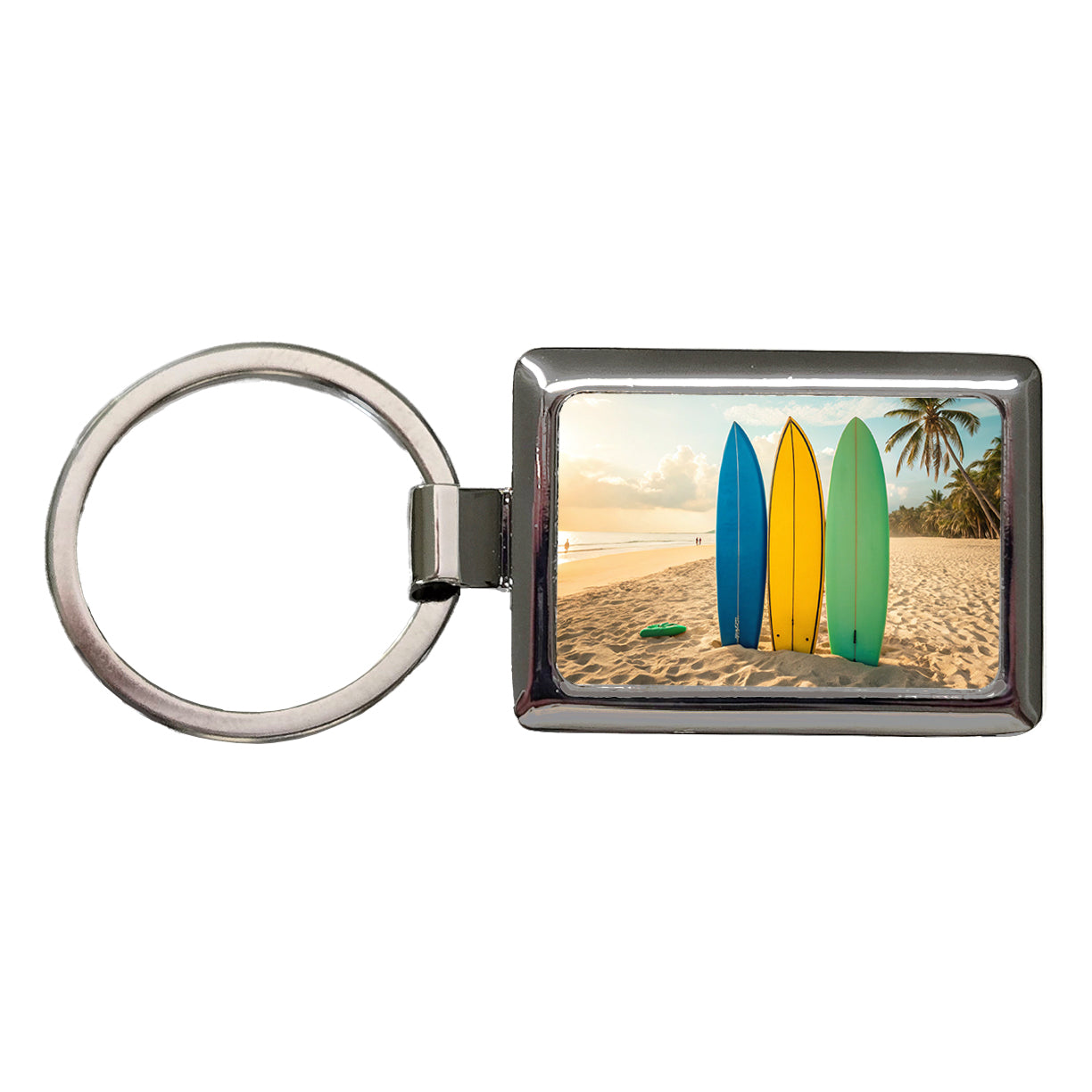 Brightly Colored Surfboards Sand Beach Ocean Rectangle Metal Keychain