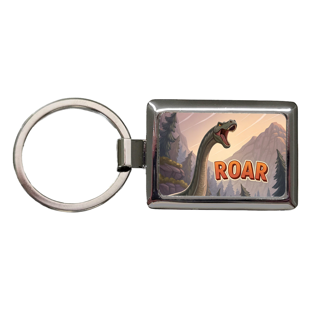 Brontosaurus Roar Bold Text Dinosaur Rectangle Metal Keychain