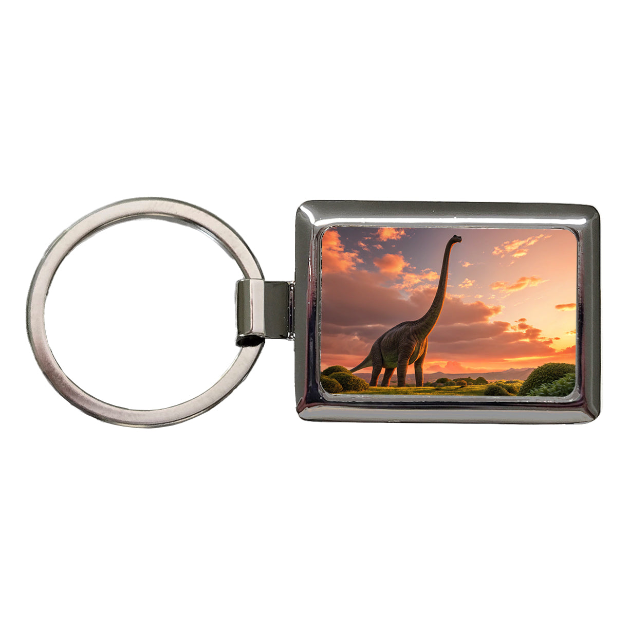 Brontosaurus Sunset Night Dinosaur Rectangle Metal Keychain