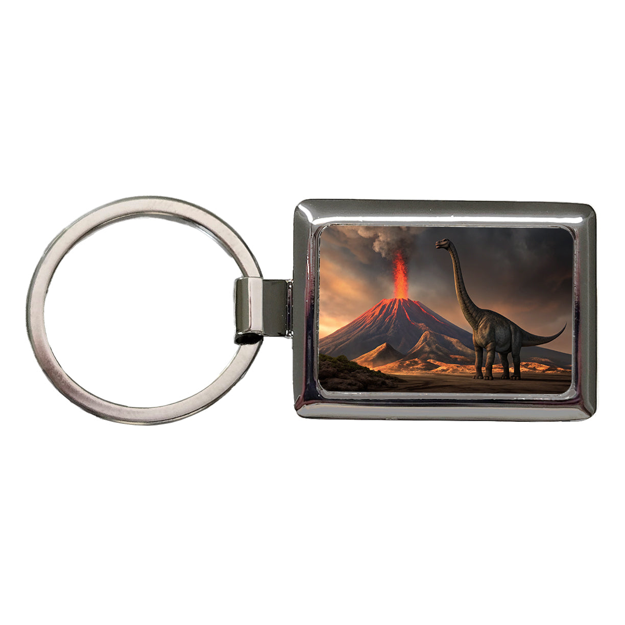 Brontosaurus Volcano Dinosaur Rectangle Metal Keychain
