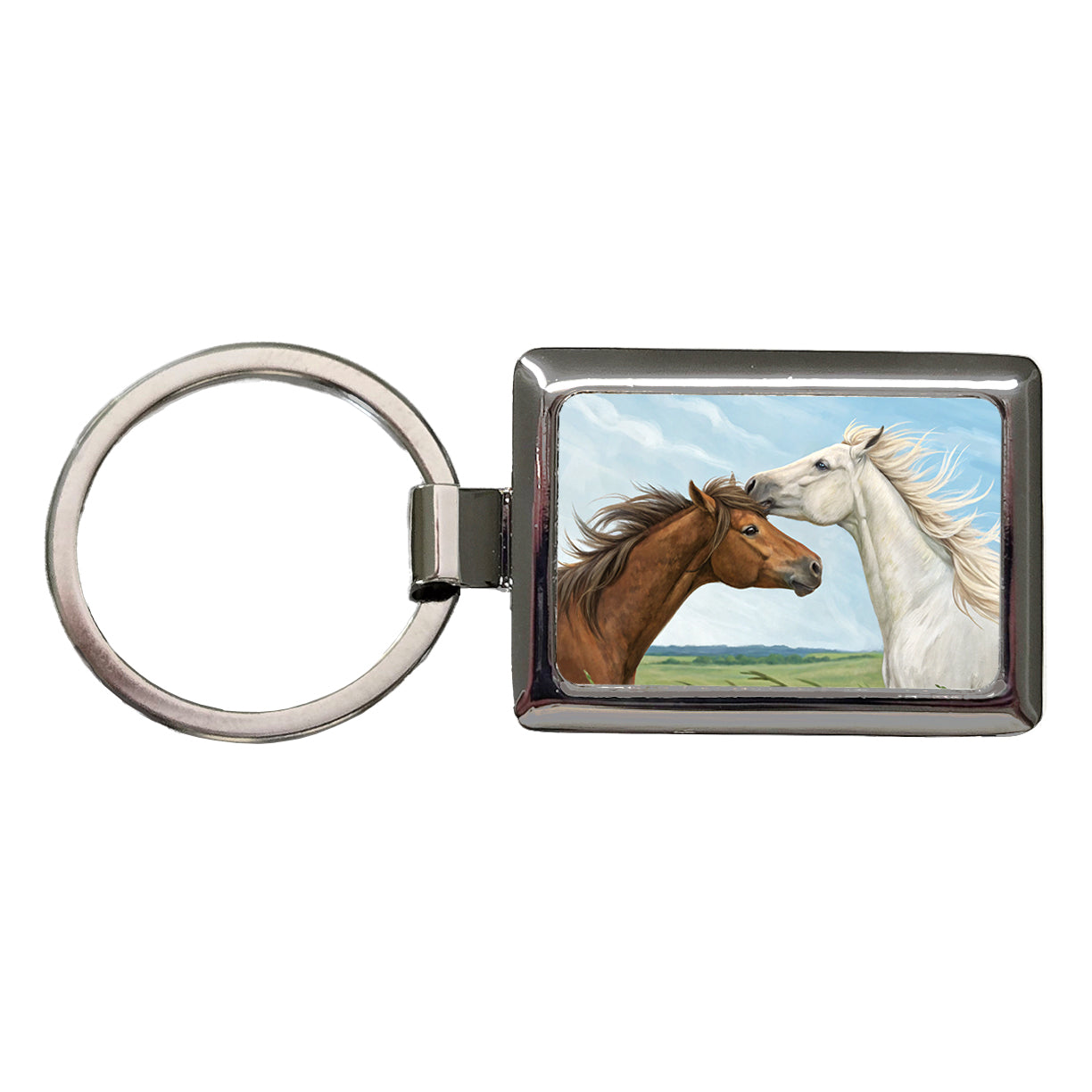 Brown White Horses Love Rectangle Metal Keychain