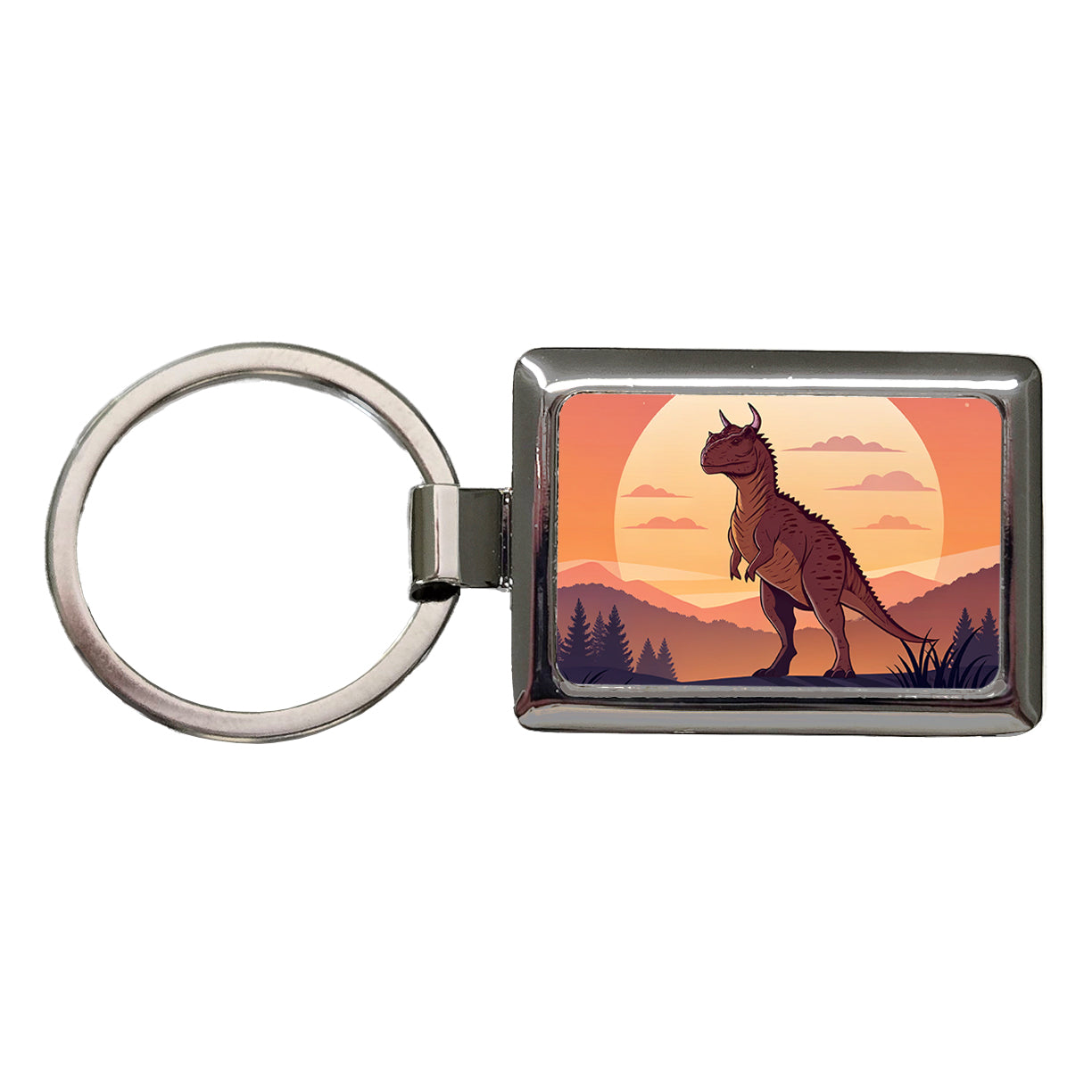 Carnotaurus Sunset Dinosaur Rectangle Metal Keychain