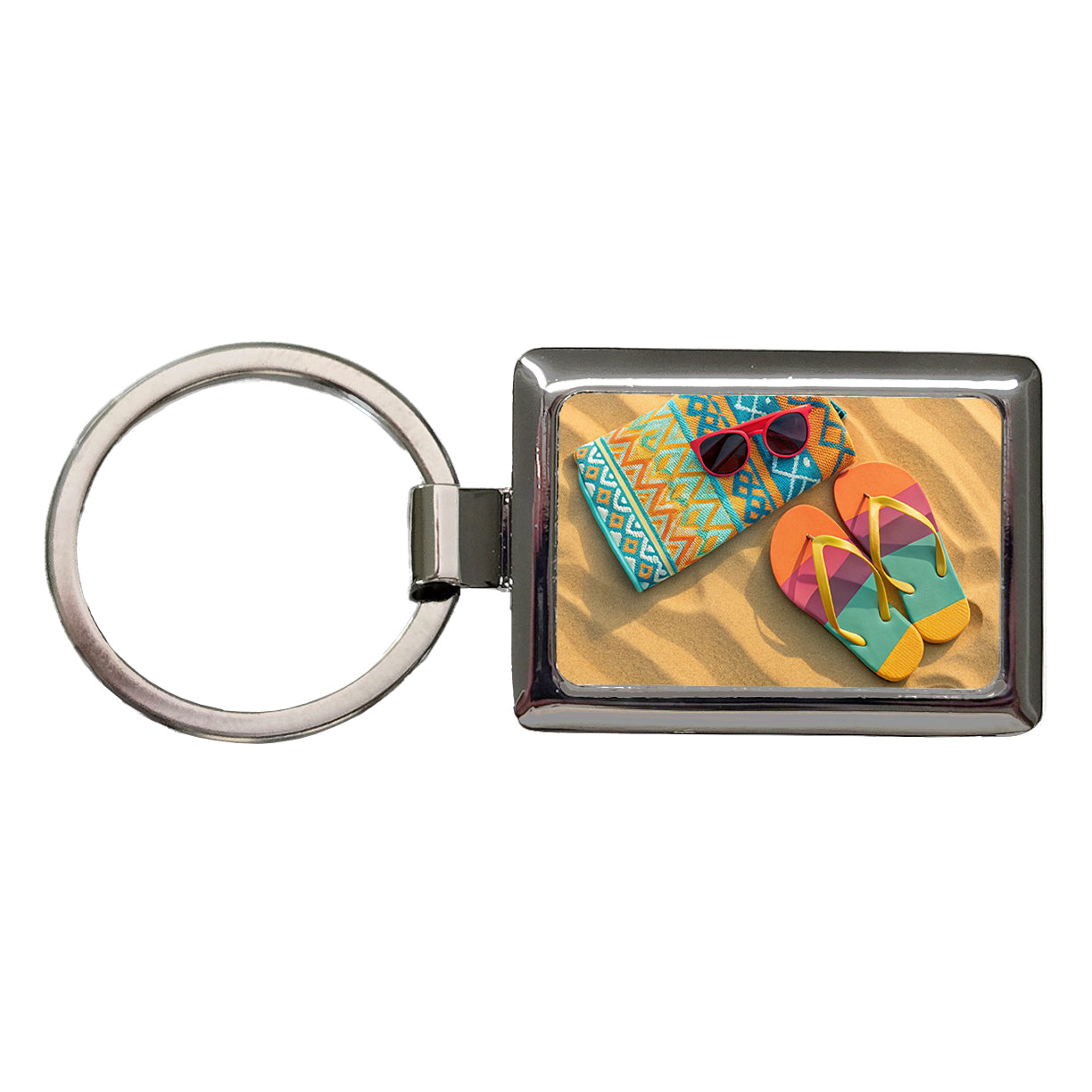 Colorful Sunglasses Flip Flops Towel On Sandy Beach Rectangle Metal Keychain