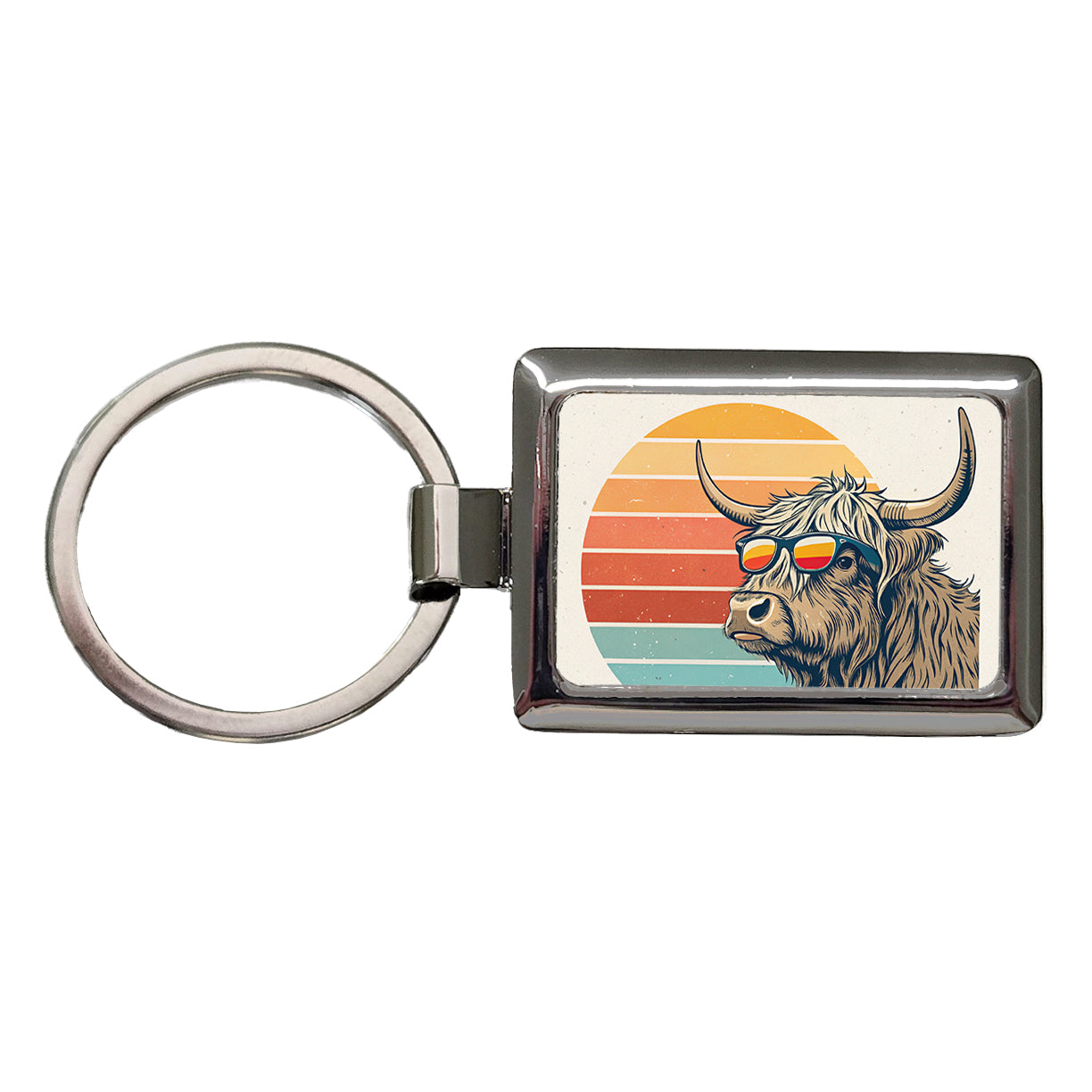 Cool Highland Cow Wearing Sunglasses Retro Illustration Rectangle Metal Keychain