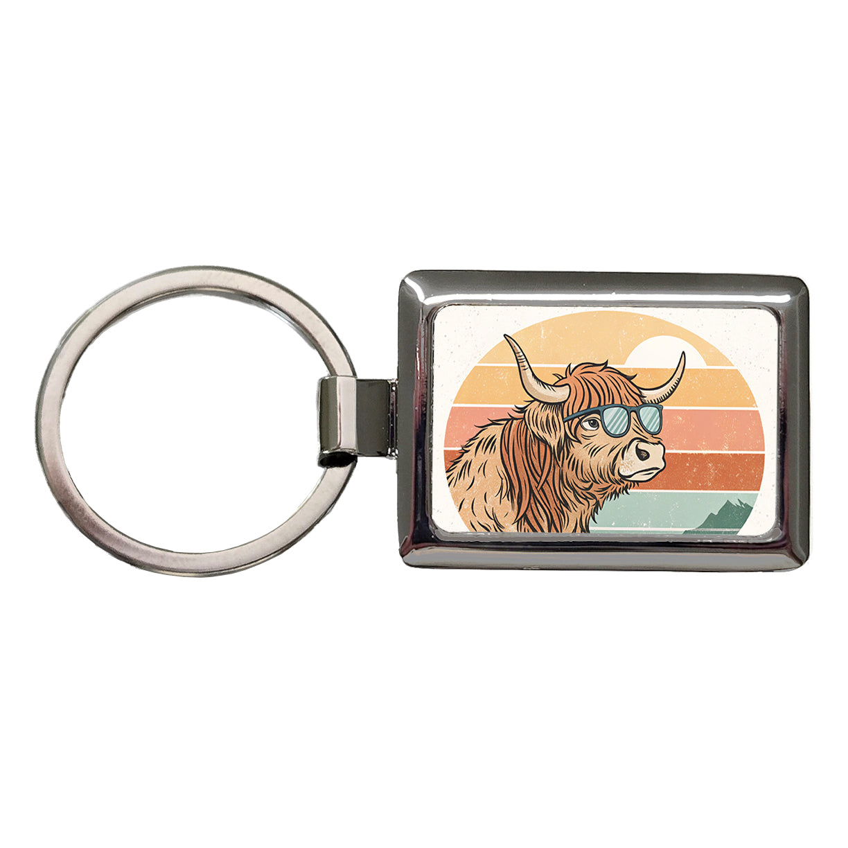 Cool Highland Cow Wearing Sunglasses Retro Rectangle Metal Keychain