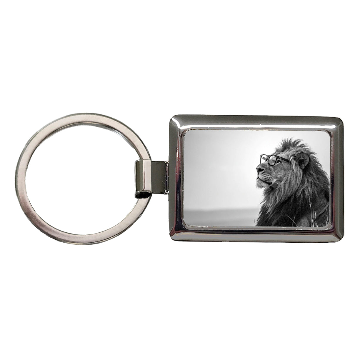 Cool Lion Wearing Glasses Black White Rectangle Metal Keychain