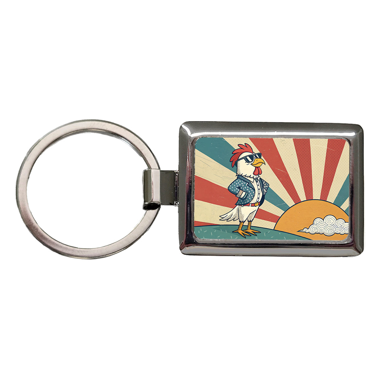 Cool Rooster Chicken Wearing Sunglasses Retro Illustration Rectangle Metal Keychain