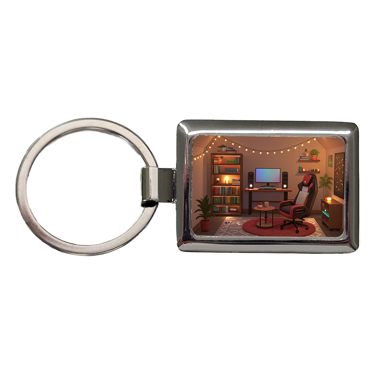 Cozy Gaming Setup Rectangle Metal Keychain