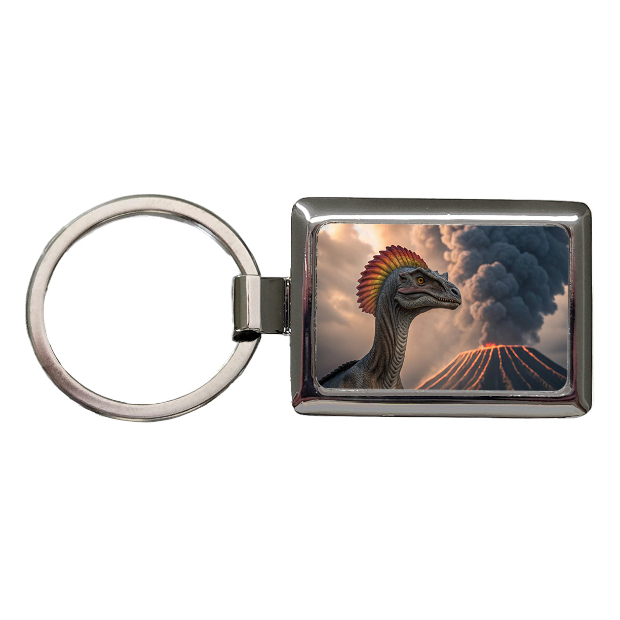 Dilophosaurus Volcano Dinosaur Rectangle Metal Keychain