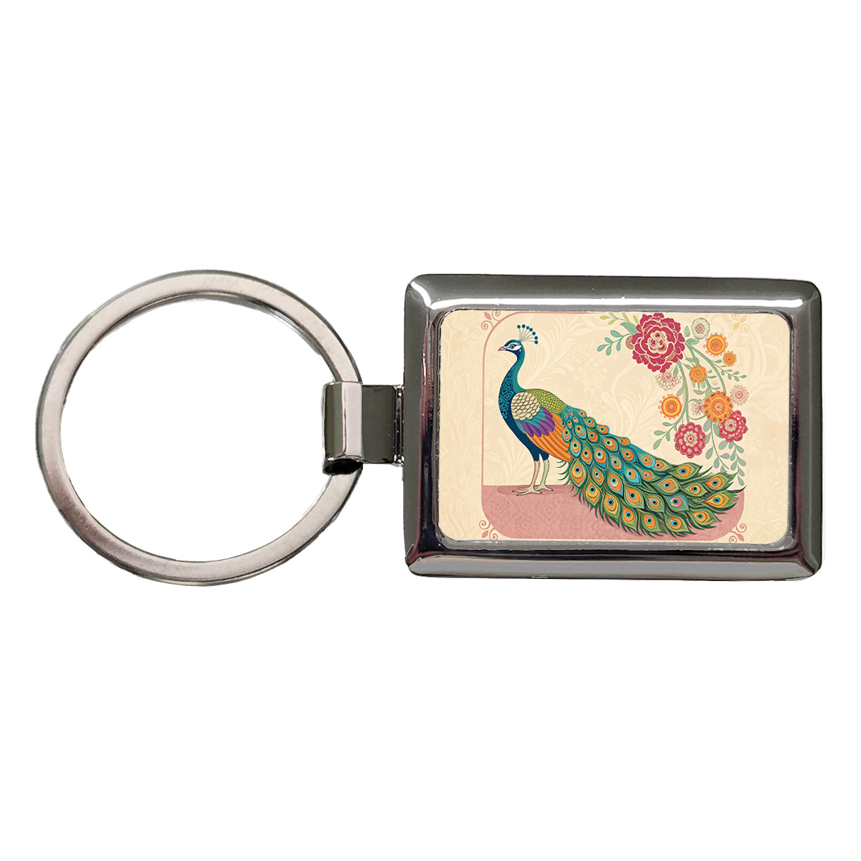 Elegant Peacock Flowers Rectangle Metal Keychain