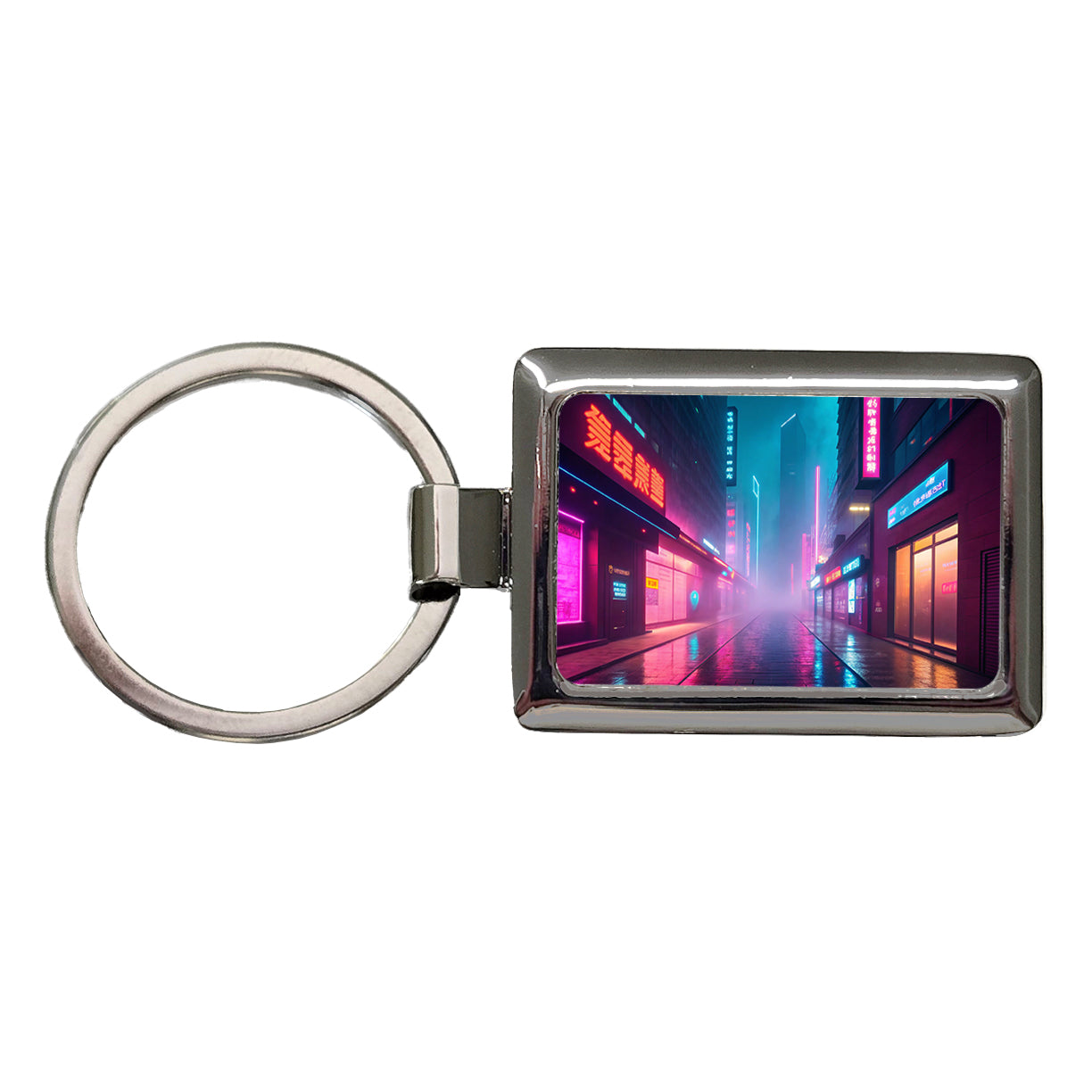 Futuristic City Alley Night Glowing Signs Misty Rectangle Metal Keychain