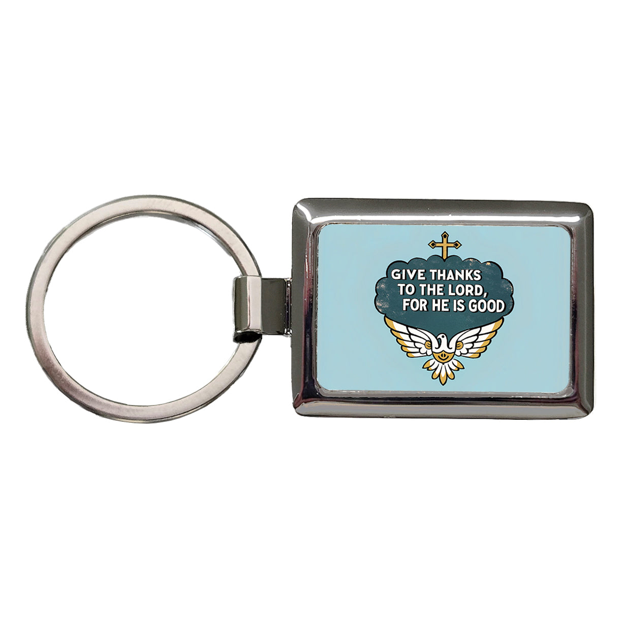 Give Thanks To The Lord For He Is Good Psalm Bible Verse Blue Rectangle Metal Keychain