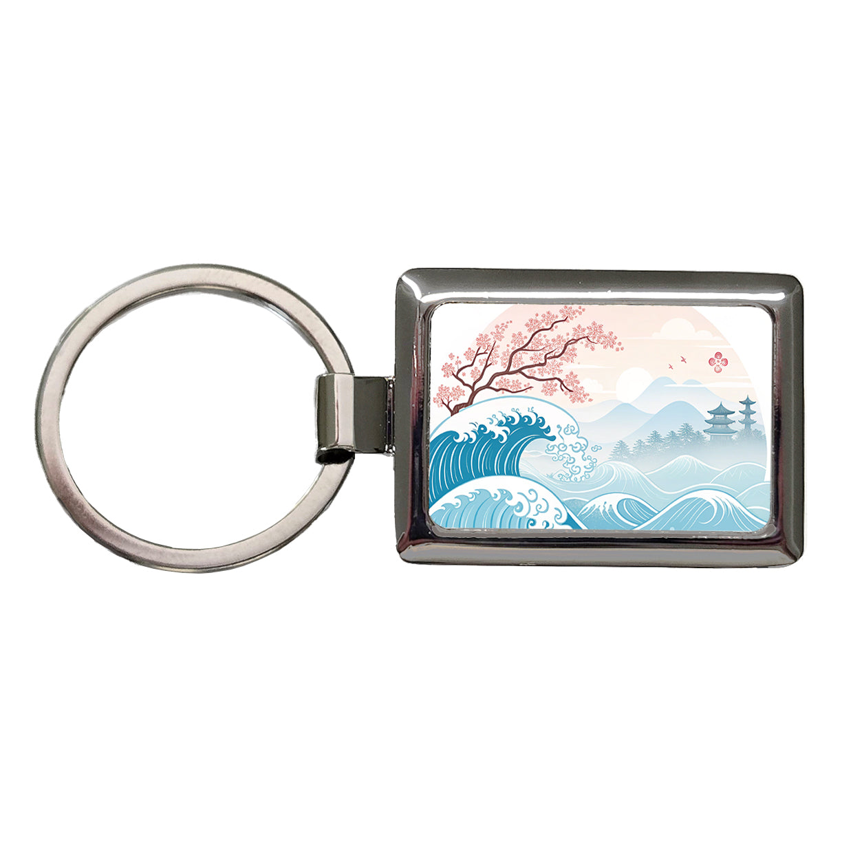 Ocean Waves Japanese Style Cherry Blossoms Rectangle Metal Keychain