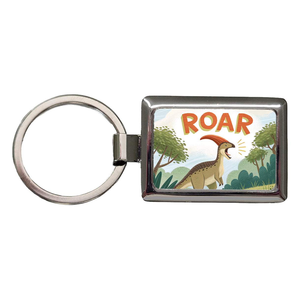 Parasaurolophus With Roar Bold Dinosaur Rectangle Metal Keychain