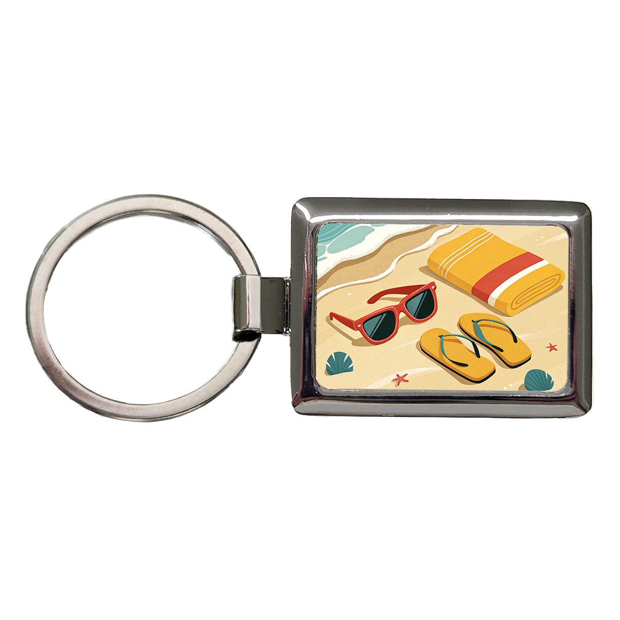 Retro Style Sunglasses Flip Flops Towel On Sandy Beach Rectangle Metal Keychain