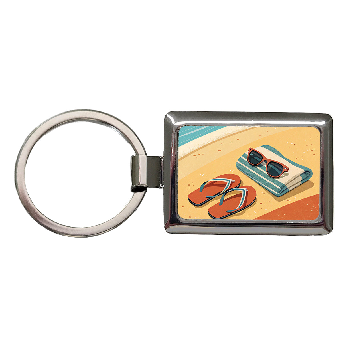 Retro Sunglasses Flip Flops Towel On Sand Beach Ocean Rectangle Metal Keychain