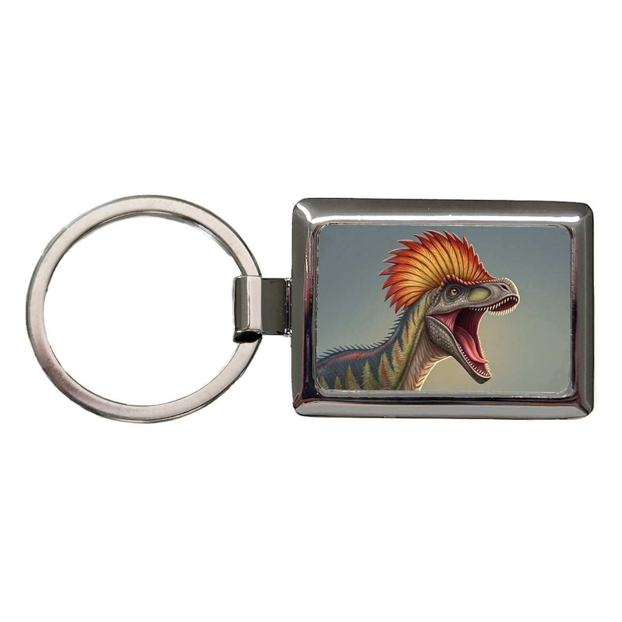 Roaring Dilophosaurus Dinosaur Rectangle Metal Keychain