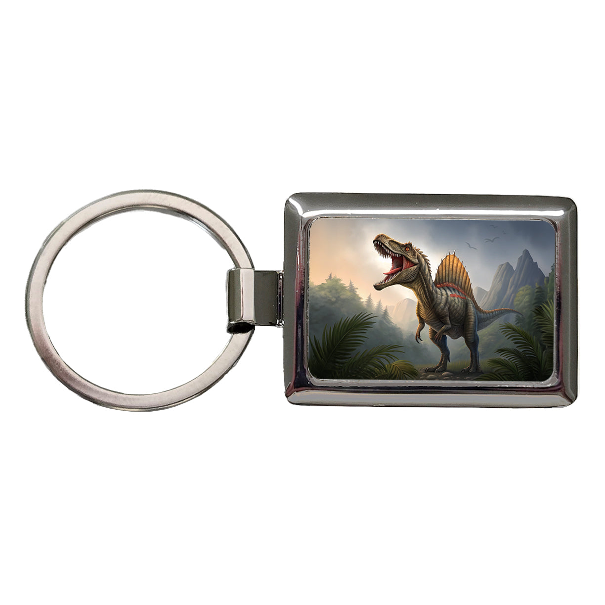 Roaring Spinosaurus Dinosaur Mountains Rectangle Metal Keychain