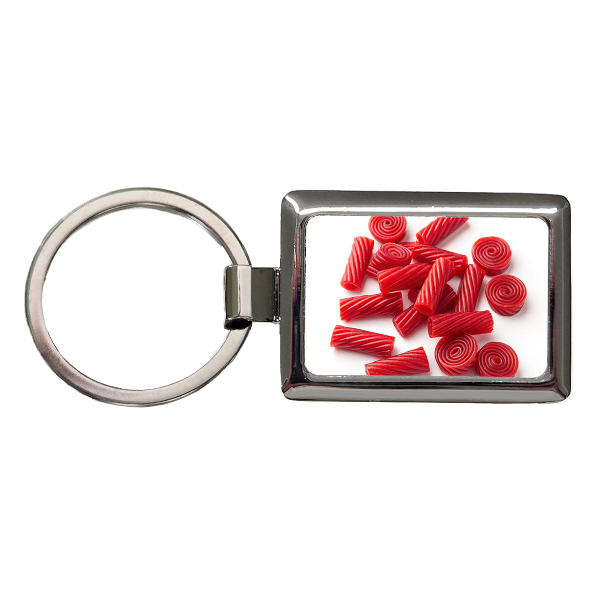 Scattered Red Licorice Rectangle Metal Keychain