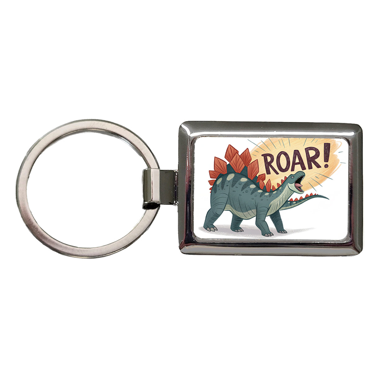 Stegosaurus Roar Dinosaur Rectangle Metal Keychain