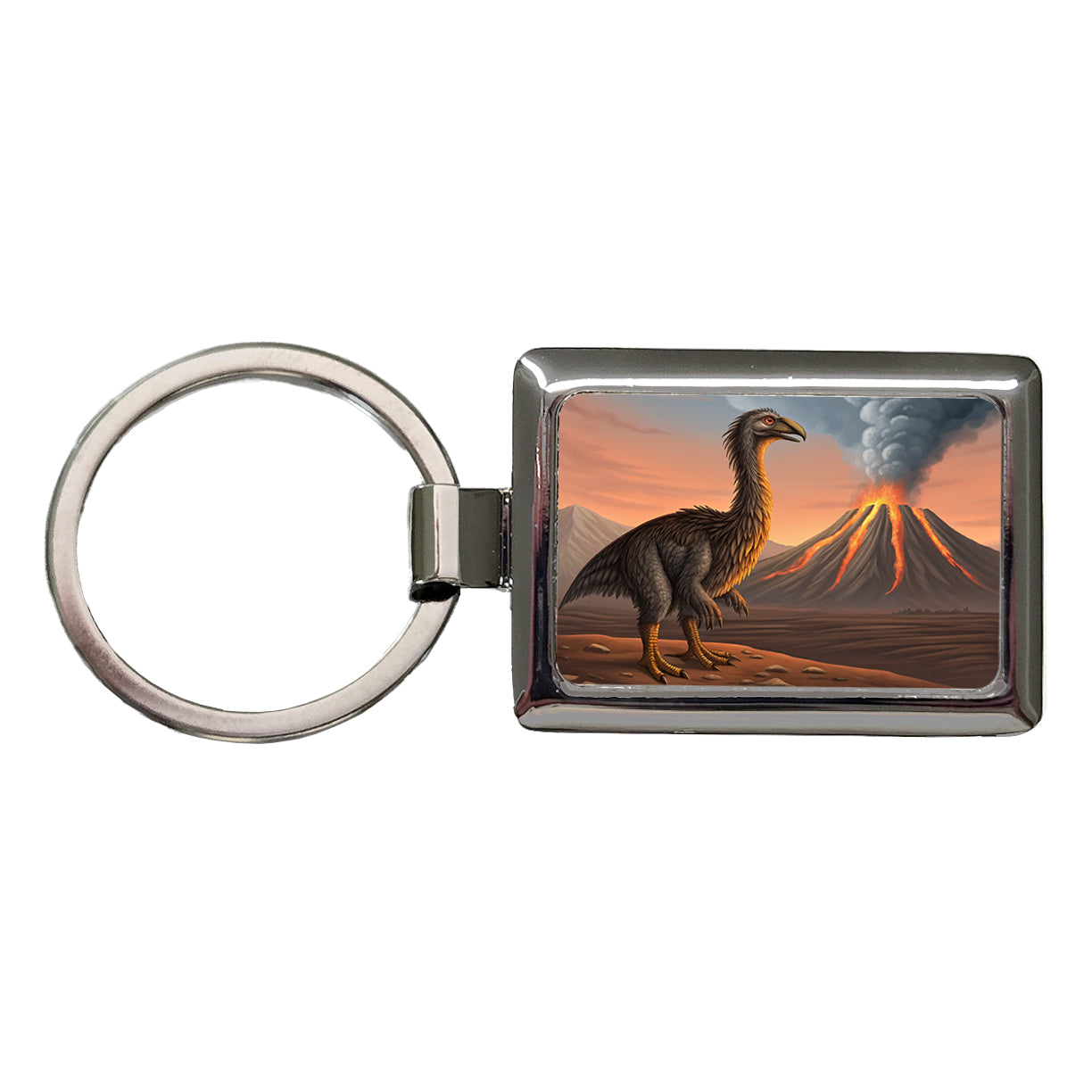 Therizinosaurus Volcano Erupting Dinosaur Rectangle Metal Keychain