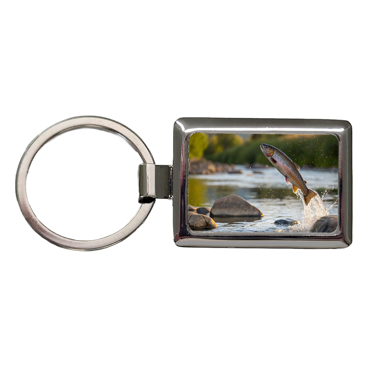 Trout Fish Jumping Fishing Rectangle Metal Keychain
