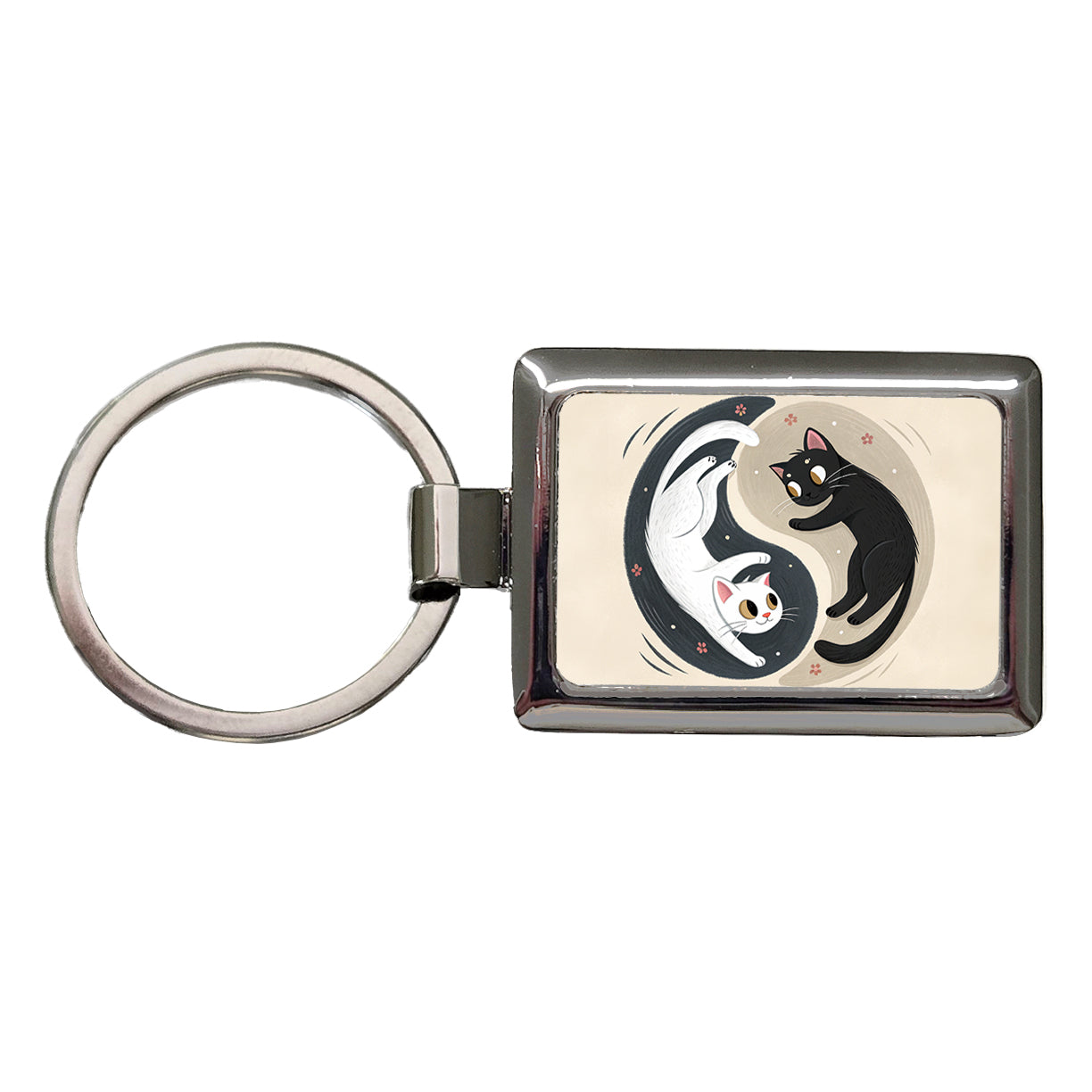 Two Cats Yin Yang Black White Rectangle Metal Keychain