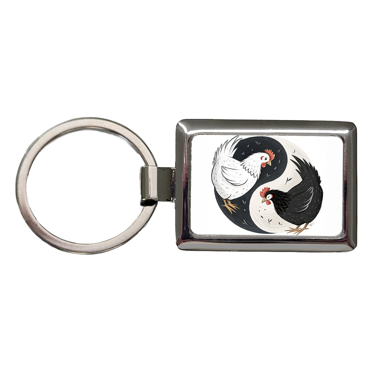 Two Chickens Yin Yang White Black Rectangle Metal Keychain