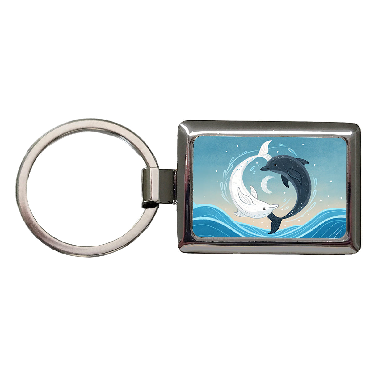 Two Dolphins Yin Yang Dark Light Rectangle Metal Keychain