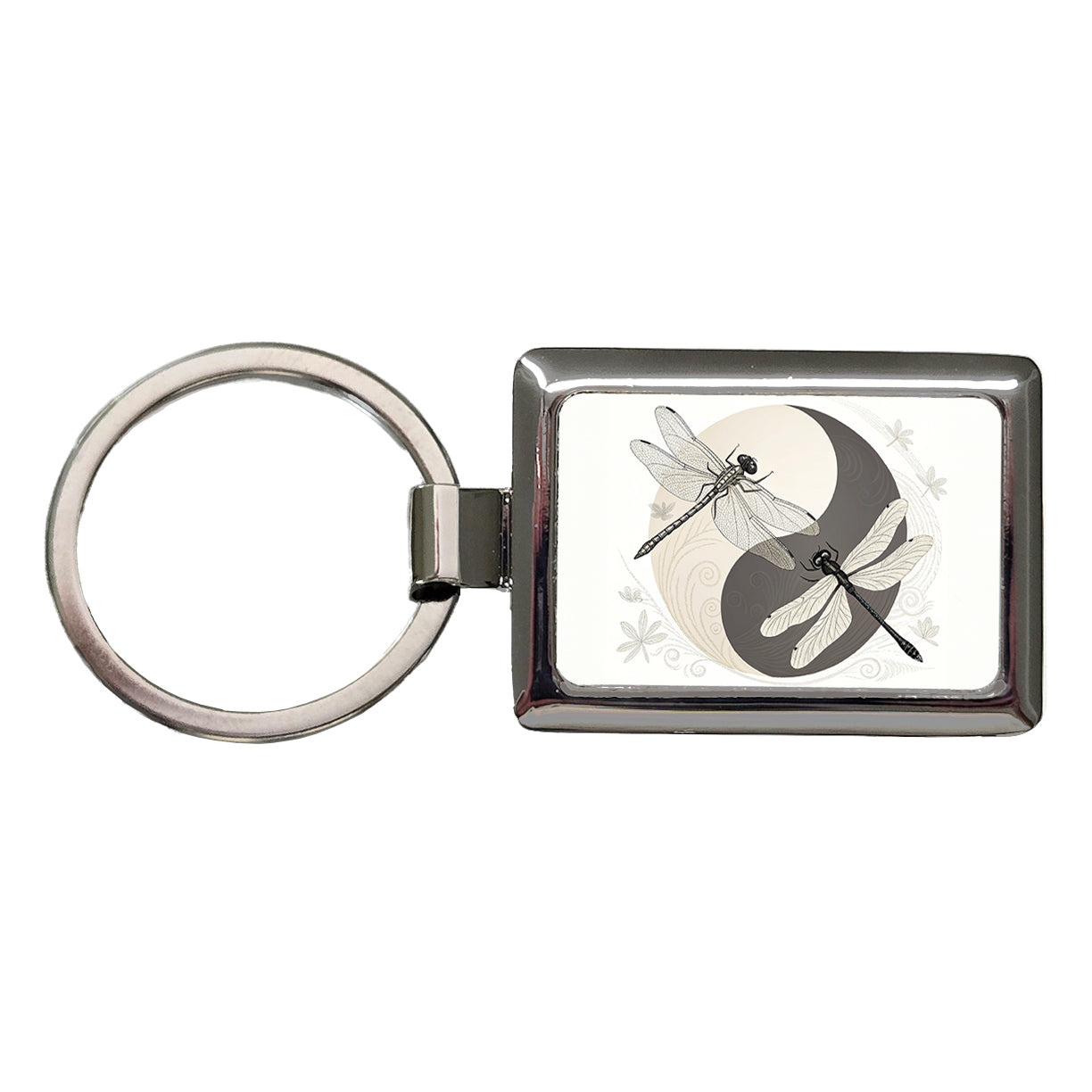 Two Dragonflies Yin Yang Rectangle Metal Keychain