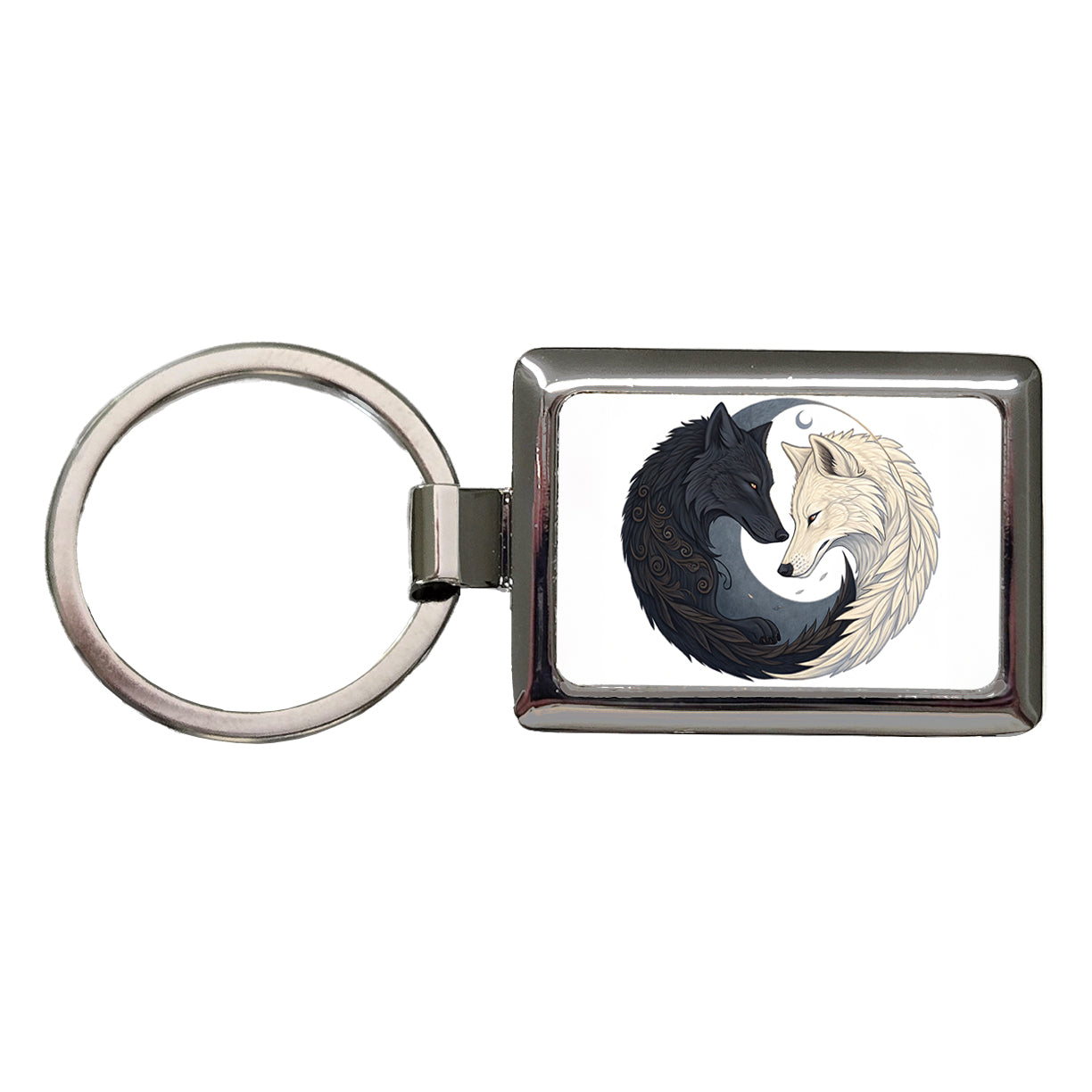 Two Wolves Yin Yang Rectangle Metal Keychain