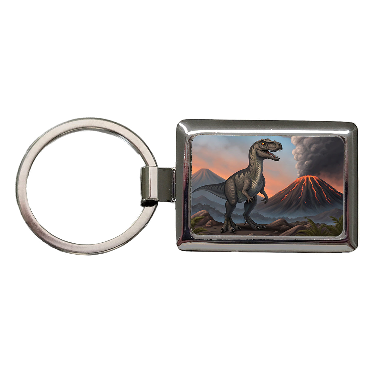 Velociraptor Volcano Dinosaur Rectangle Metal Keychain