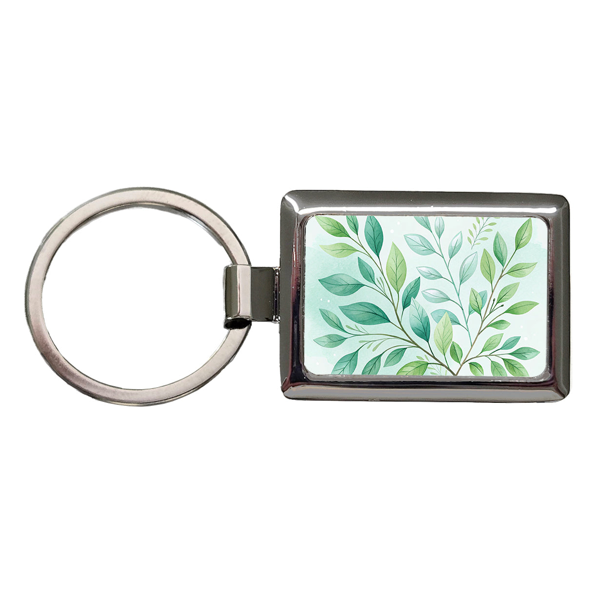 Watercolor Green Leaves And Branches Minimalist Rectangle Metal Keychain