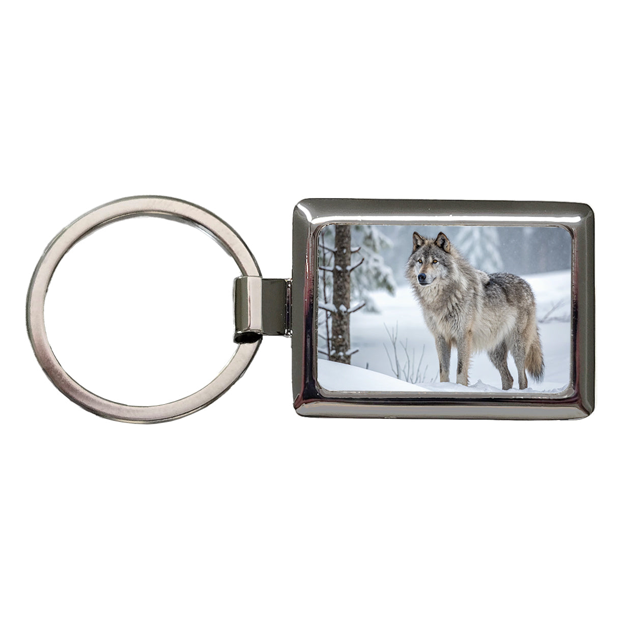 Wolf In Snow Scene Stunning Rectangle Metal Keychain