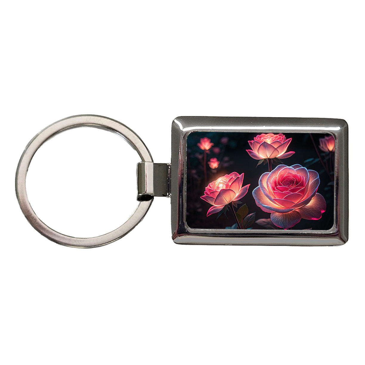 Glowing Pink Roses Beautiful Flowers Rectangle Metal Keychain